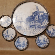 Vintage Delft blue Dutch windmill decorative tray and coasters