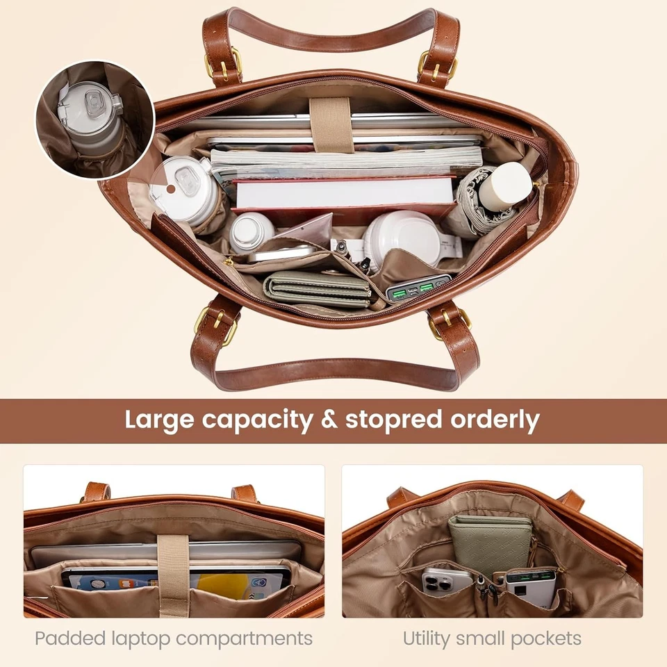 LOVEVOOK Laptop Tote Bag for Women,Vintage Leather 17.3 inch, Retro Brown  - Image 3 of 4