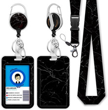 Black Marble Lanyards for Id Badges, Cute Badge Reel Heavy Duty with Carabiner C