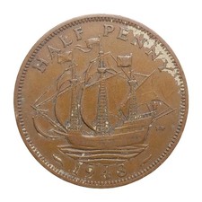 1948 Half Penny Coin &ndash; Great Britain &ndash; George VI Bronze Ship KM#844 Z2860