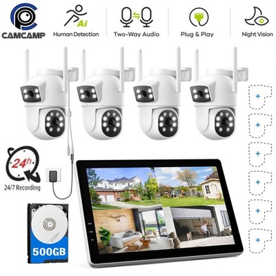 CAMCAMP Wireless Security Camera System with 10.1'' Monitor 4pcs 2K Dual Lens HDD