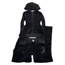 Juicy Couture Women's Black Velour Tracksuit Set Hoodie  Pant Pockets Size XL