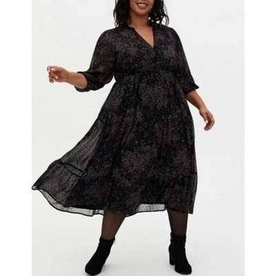 Torrid Midi Dress WMNS 2X Black Gray Swiss Dot Sheer Tiered Long Sleeve  V-Neck | eBay