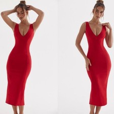 NWOT HOUSE OF CB Cece Red Rose Plunge V neck Midi Dress sz M