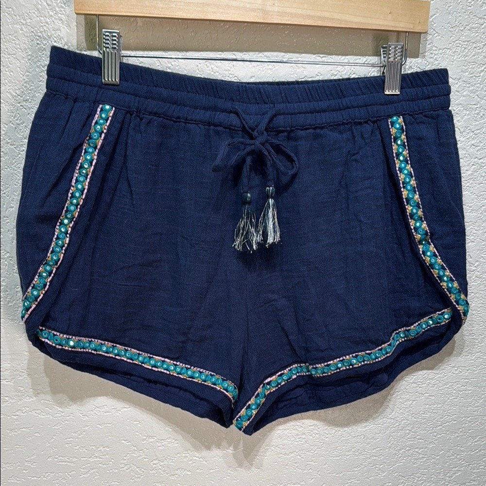 Earthbound Trading Navy XL Blue Embellished Women's Elastic Tie Waist Shorts