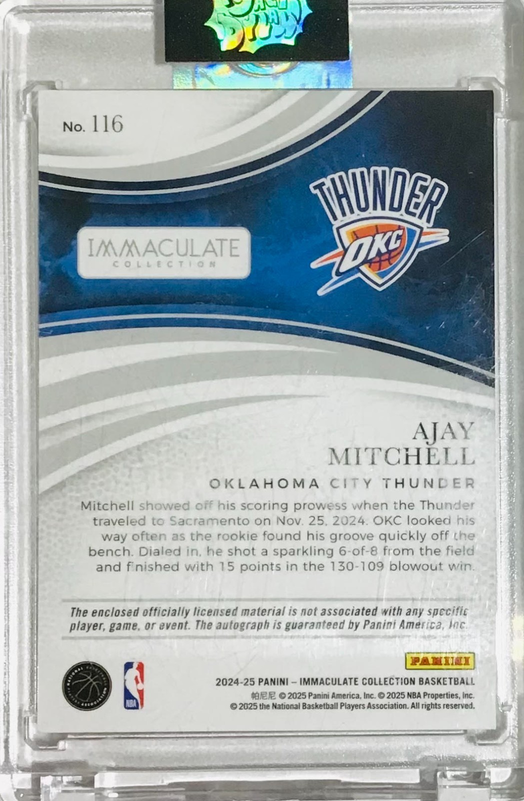 2024-25 Panini Immaculate Ajay Mitchell #116 RC Rookie Patch Auto RPA /99 view 2