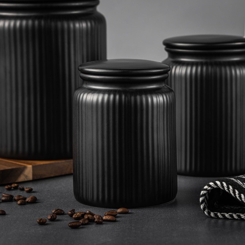 Ceramic Ribbed Storage Jar W/ Airtight Lid Kitchen Organization 580 mL New