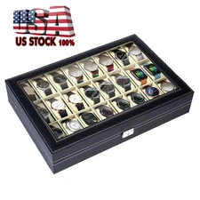 🔥24 Slot Watch Box Leather Display Case Organizer Top Glass Storage