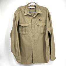 Eddie Bauer Chamois Button Down Shirt XXL Tan Beige Embroidered Duck USA Hunt