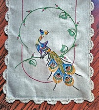 Vtg Table Runner 40" Linen Handmade Lace Colorful Embroidered Peacock