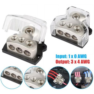2PCS 3Way Power Ground Amp Distribution Block 1*0 Gauge Input 3*4 Gauge Output