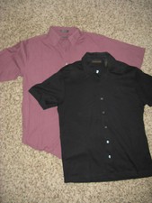 Men's Small Button Down Shirts 2 Short Sleeved Black  Burgandy Plaid Work