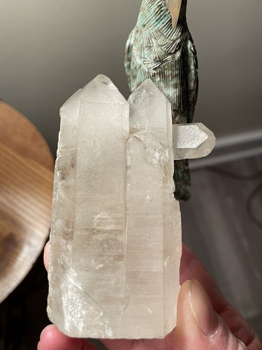 Natural Quartz Crystal Stone Sphere Cluster With Carved Metal Parrot Sculpture - Picture 3 of 15