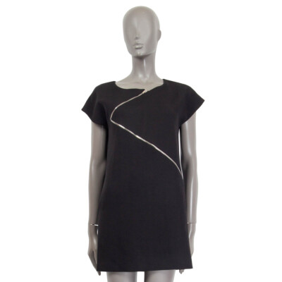 65845 auth SAINT LAURENT black wool ASYMMETRIC ZIP CAP SLEEVE