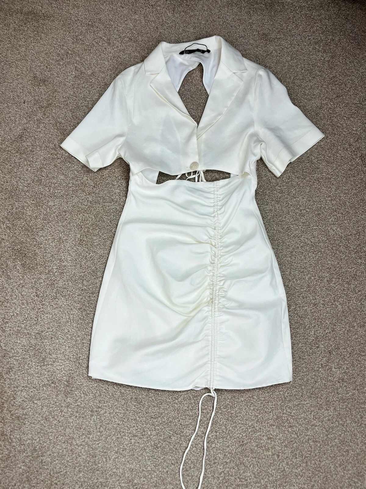 OFF WHITE Mini abito ZARA bianco sporco manica corta ritagliato coulisse camicia schiena aperta M 10