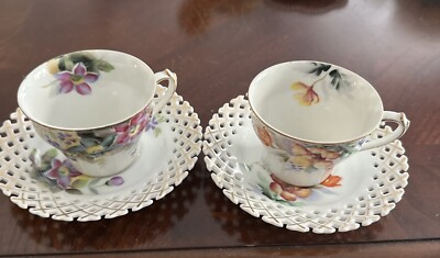 2 Wako Japan Cup/Saucer White w/Floral & Gold Trim Articulated