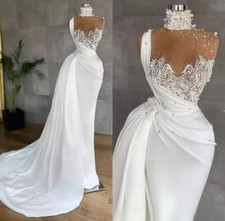 Satin Mermaid Long Wedding Dresses High Neck Beaded Pearls Ruched Sweep Train