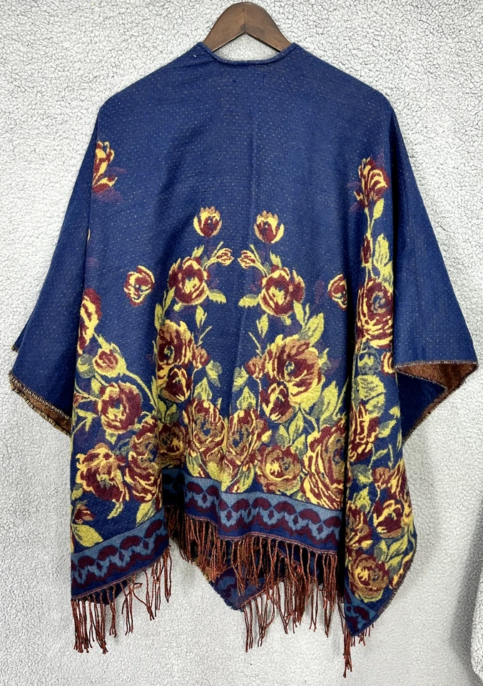 Poncho Capas Romántico Mantón Capas Cejón Flecos Floral Envoltura OSFM Azul Boho Cottage Foto 2 de 4