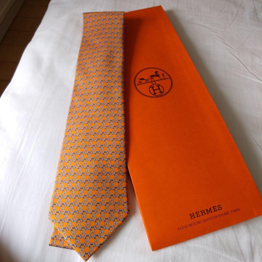 HERMES Tie silk 100% all-over pattern orange made in France