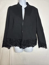 Chicos Floral Embroidered Jacket Womens Large Crochet Lace Boho Open Front Black