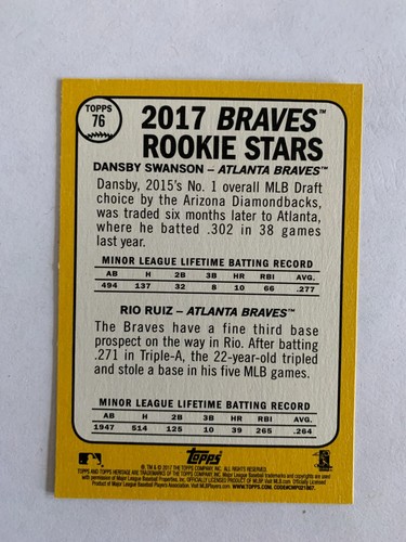 2017 Topps Heritage #76A Dansby Swanson RC / Rio Ruiz RC - Atlanta Braves - Picture 2 of 2