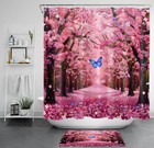 Blue Butterfly Botanical Pink Floral Shower Curtain Set for Bathroom Decor