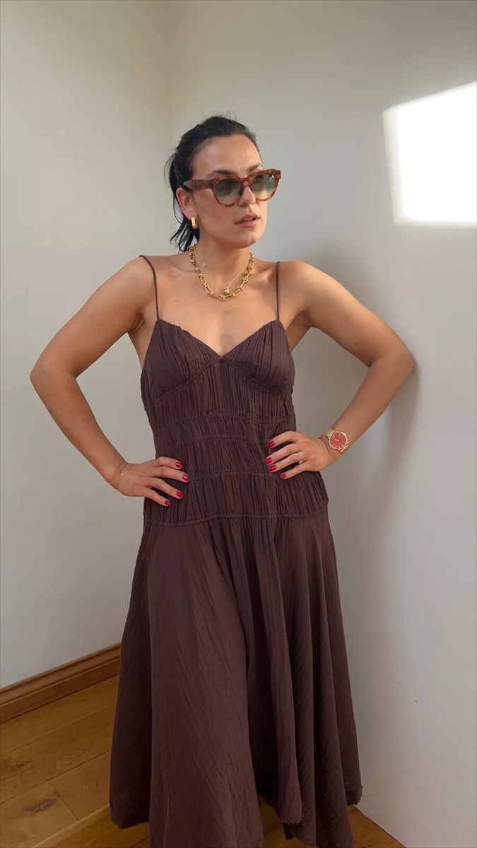 NEW FREE PEOPLE Sz L VERBENA MIDI DRESS BROWN | eBay