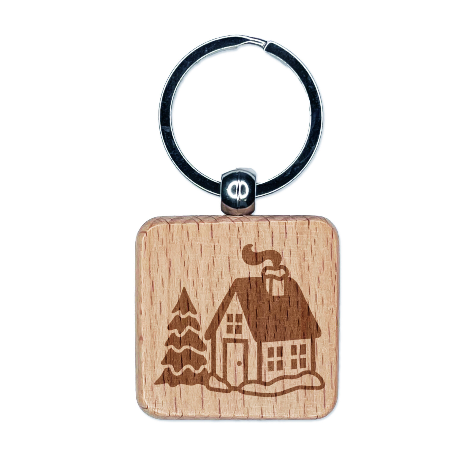 Christmas Wooden House Keychain with Engraved Winter Charm  