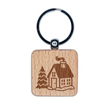 Christmas Winter House Engraved Wood Square Keychain Tag Charm