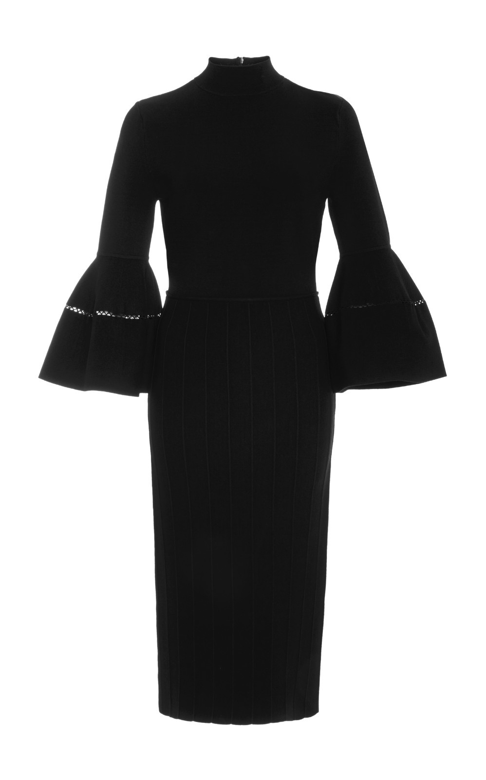 $1295 New LELA ROSE Mock Neck Flounce Sleeve Stretch Knit Dress Black XS S