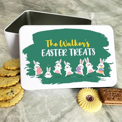 Niedliche weiße springende Osterhasen personalisiertes Geschenk Keks Süßigkeiten Leckerbissendose