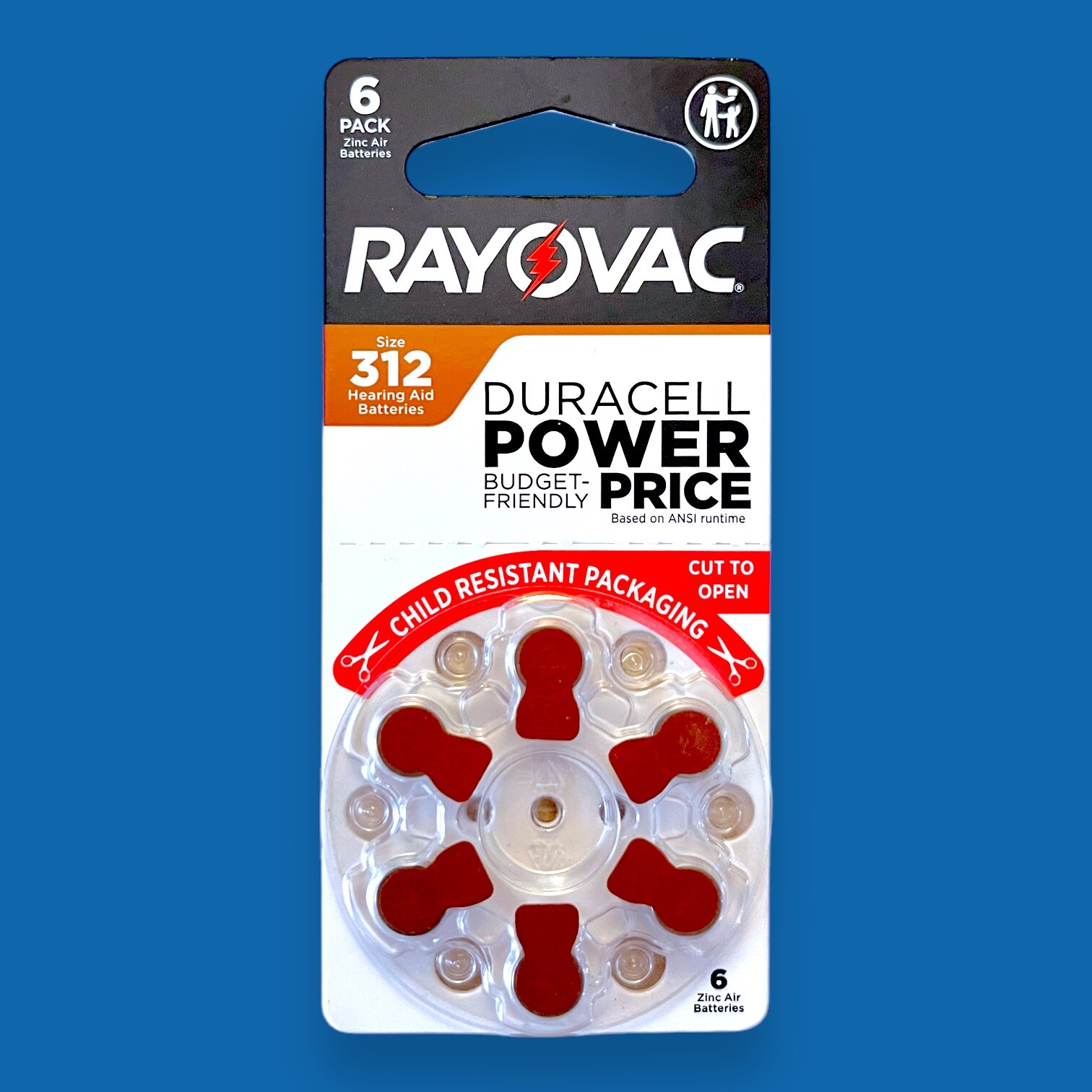 Hearing Aid Batteries, Size 312, 6 Pack, Rayovac, Long Lasting Power, Exp 5/2028