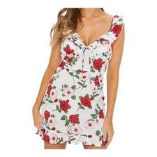 PRETTYLITTLETHING Women's white red rose floral mini dress ruffle trim Size 8