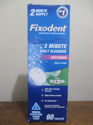 Fixodent 3 Minute Daily Denture Cleanser Whitening Plus Scope 60 Tablets HTF