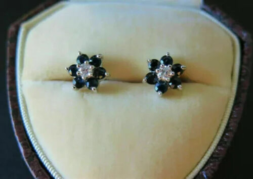 2Ct Round Lab Created Blue Sapphire Flower Stud Earrings 14K White Gold Plated - Picture 1 of 2