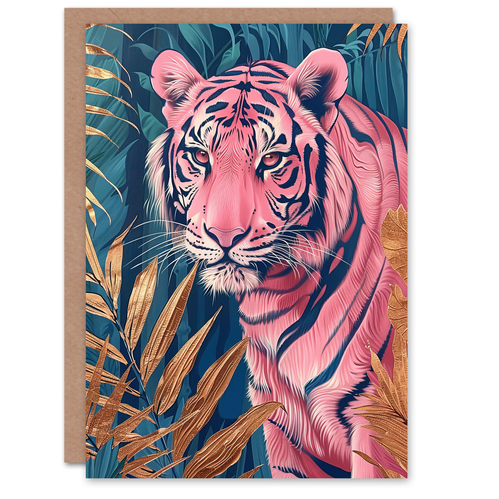 Greeting Card Majestic Pink Tiger in Blue Gold Tropical Jungle Birthday