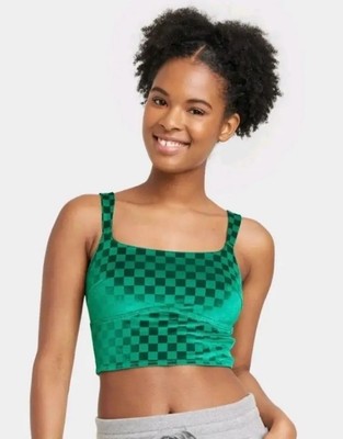 Target Colsie Women's Size Small Green Checkered Velvet Brami Crop Top Bralette 