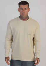 Image of SikSilk Men's Long Sleeved Crew Neck Logo T-Shirt Tee Ecru