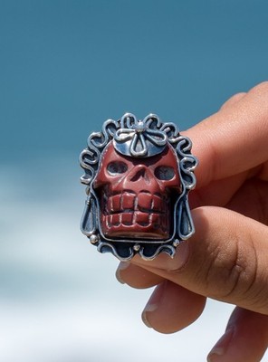 Handcrafted Sterling Silver 925 Skull Agate Statement Ring Size 10