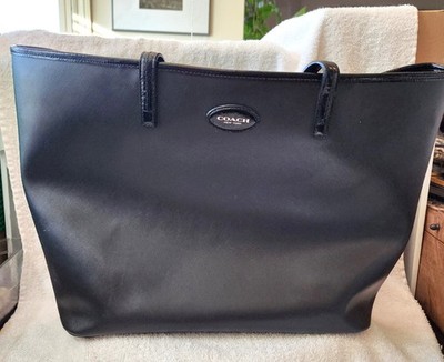 Large Coach Open Top Tote Weekender / Computer Bag Leather  Black DOUBLE-HANDLE