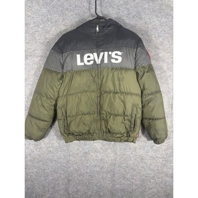 Levi's Puffer Jacket Kids XL Olive Green Gray Black Authentic Patch