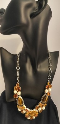 Long Necklace w/ Tiger Eye, Pearls & Orange Beads, Statement Jewelry