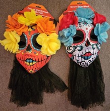 Custom Day Of The Dead Costume Full Face Masks With Veils Orange Blue NWT RARE
