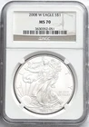 2008 W BURNISHED SILVER EAGLE WITH W MINT MARK NGC MS70 CLASSIC BROWN LABEL