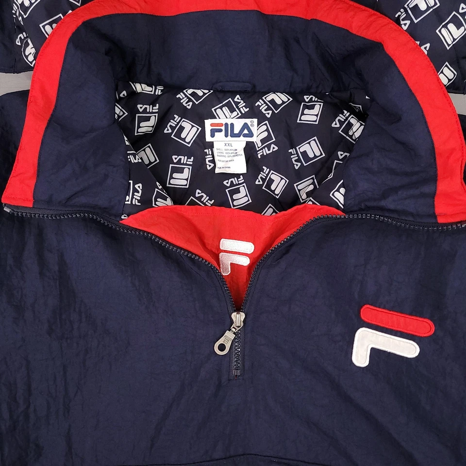 Chaqueta De Colección FILA Para Hombres 2XL Azul Marino Media Cremallera Con Capucha Anorak Pullover Logo Grande Deletrear Foto 4 de 4