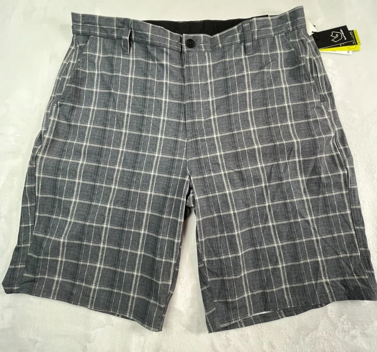 NWT BURNSIDE Shorts Mens 38 Gray Plaid Stretch Hybrid Quick Dry 9.5" inseam