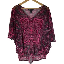 INC International Concepts Pink PAISLEY KImono V-Neck Sheer Blouse Top BOHO