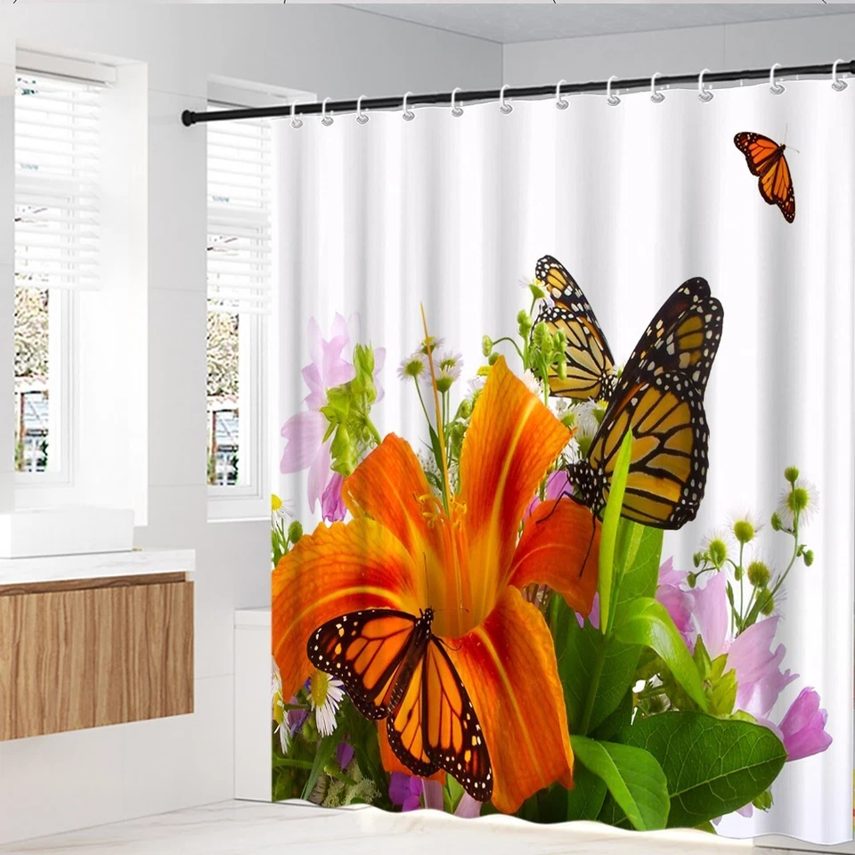 Flower Butterfly Shower Curtain Orange Lily Daisy Garden Decor with Hooks - Image 2 of 4