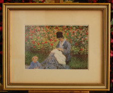 VTG FRAMED CLAUDE MONET COLOR PRINT OF "CAMILLE MONET AND A CHILD IN THE GARDEN"