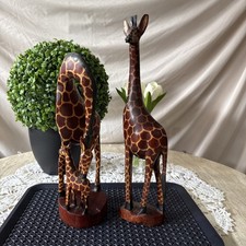 Hand Carved Wood Giraffe And Giraffe With Calf Figurines With Painted Pattern